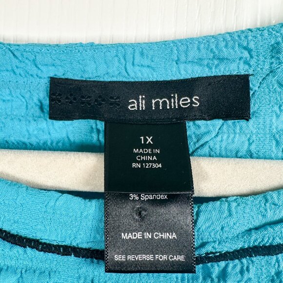 Ali Miles Plus 1X Turquoise Contrast Stitch Tunic Top 3/4 Sleeve Wrinkle Free - Picture 5 of 9